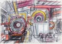 Halle mit Generator (ABB), 1994, Mischtechnik auf Papier, 60 x 85 cm