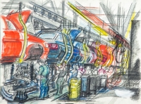 Blick in die Endmontage, 1993, Mischtechnik, 60 x 80 cm