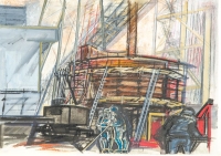 Kraftwerk Heilbronn, Baustelle, 1985, Mischtechnik auf Papier, 58 x 82 cm