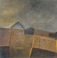 Haus / Feld I, 2001, Öl, Collage, Spanplatte, 50 x 50 cm