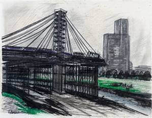 Fussgängerweg über den Neckar, 1974, Mischtechnik auf Papier, 61,5 x 69,5 cm