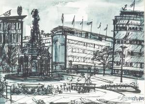 Paradeplatz in Mannheim, 1965, Tusche, laviert, 41,8 x 56 cm