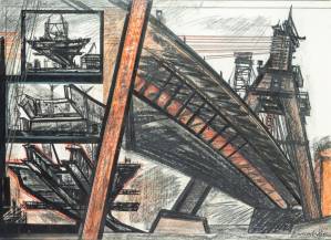 Brückenbau-Fragmente 1975, 1975, Mischtechnik auf Karton, 70 x 100 cm