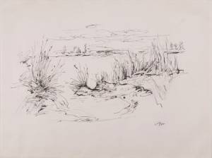 o.T. (Landschaft am Fluß), o. J., Tusche auf Papier, 55 x 66 cm